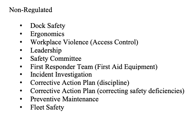 Non-Regulated Dock Safety Ergonomics Workplace Violence (Access Control) Leadership Safety Committee First