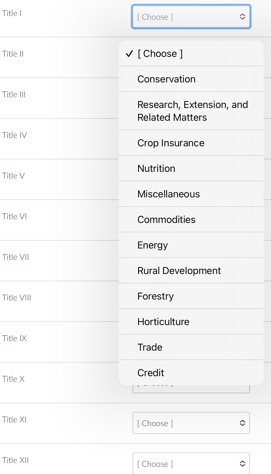 Title I Title II [Choose ] [Choose ] Title III Title IV