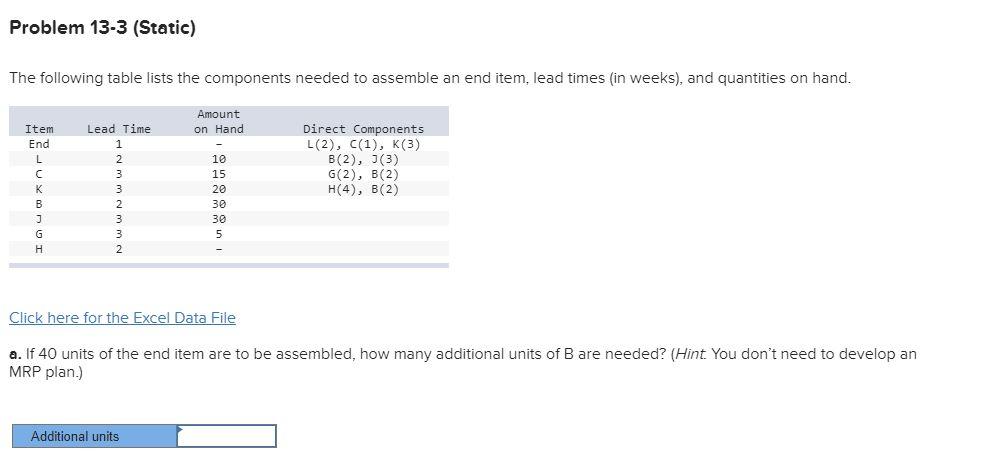 Problem 13-3 (Static) The following table lists the components needed to assemble