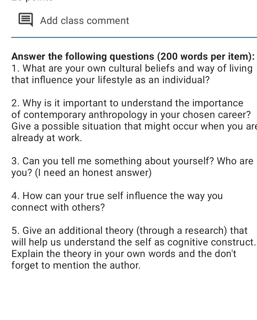 Add class comment Answer the following questions (200 words per item): 1.