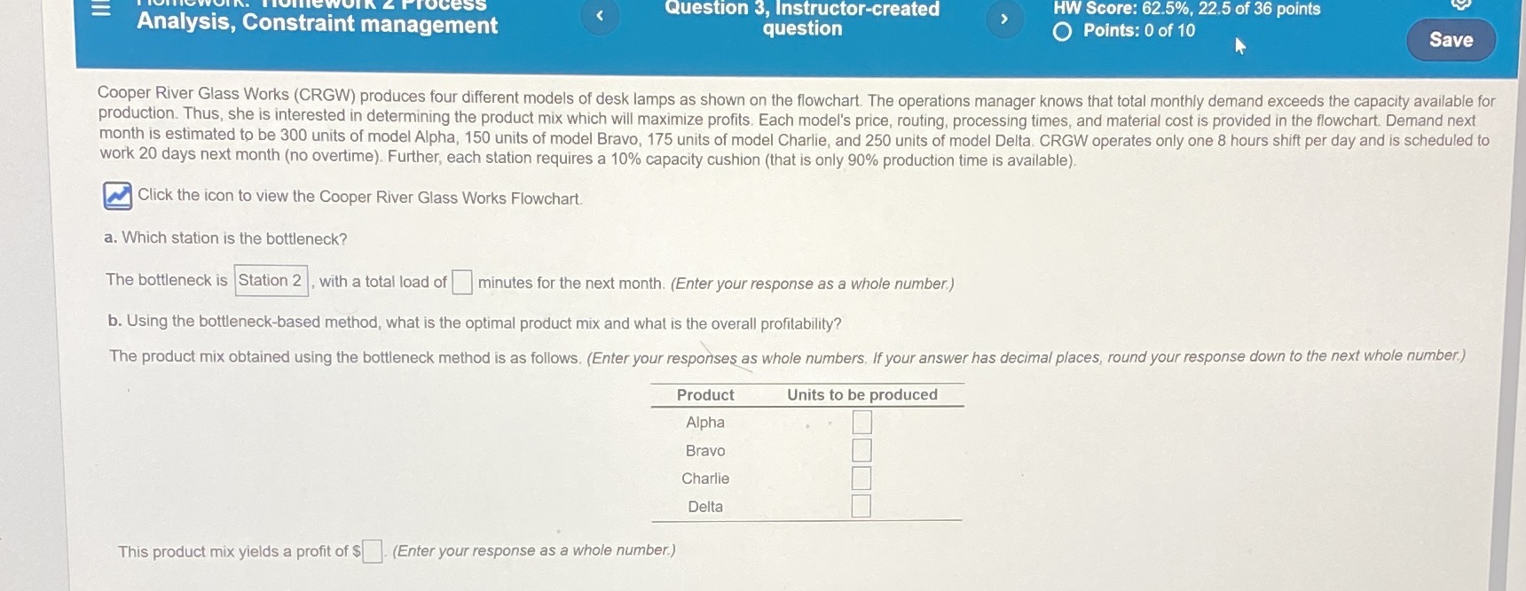 = Analysis, Constraint management Question 3, Instructor-created question HW Score: 62.5%, 22.5