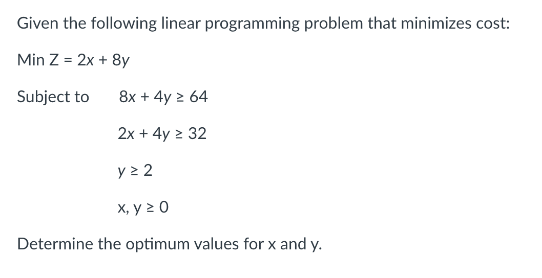 Given the following linear programming problem that minimizes cost: Min Z =