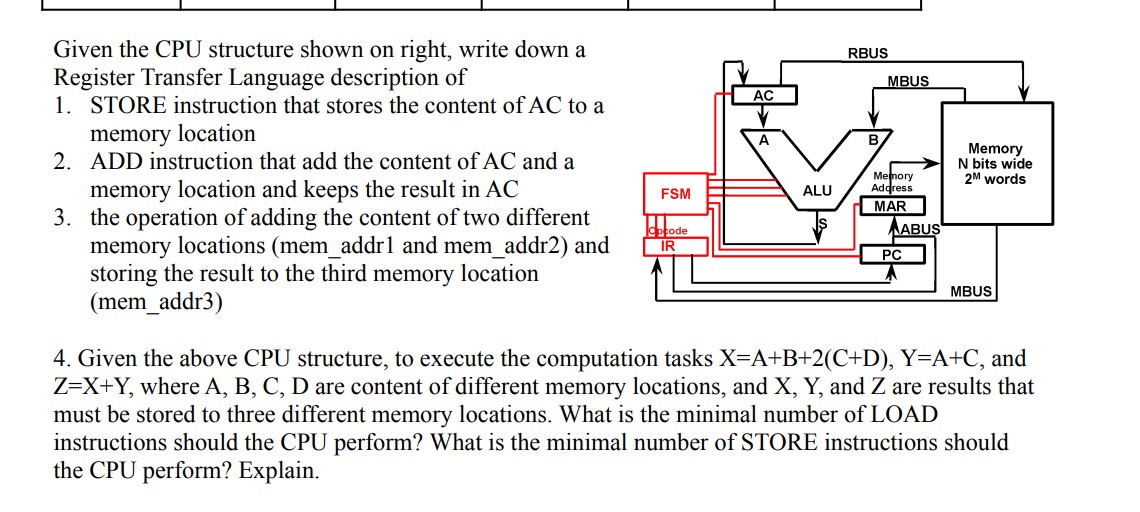 Given the CPU structure shown on right, write down a Register Transfer