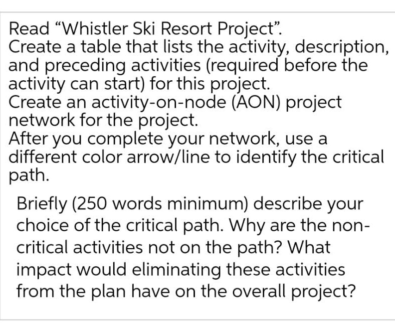 Read "Whistler Ski Resort Project". Create a table that lists the activity,