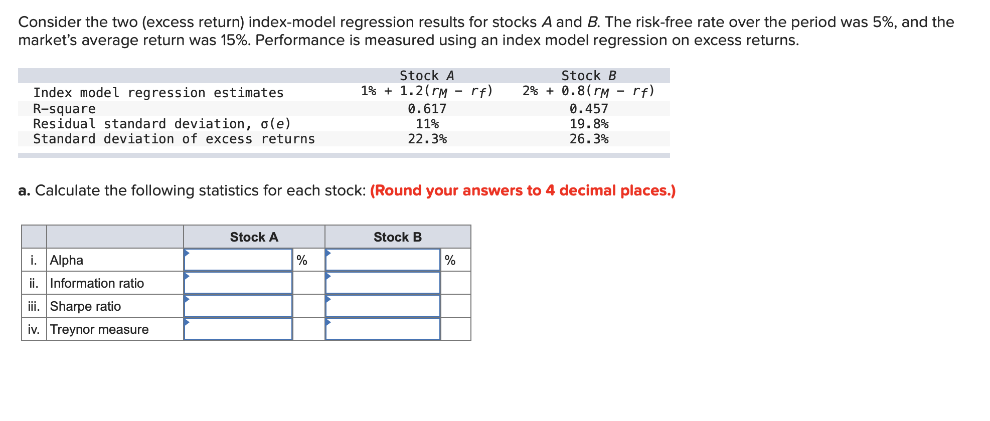 Consider the two (excess return) index-model regression results for stocks A and