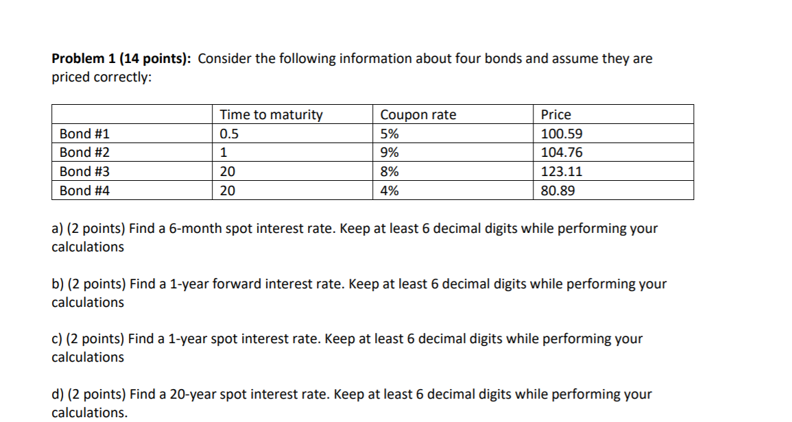 Problem 1 (14 points): Consider the following information about four bonds and