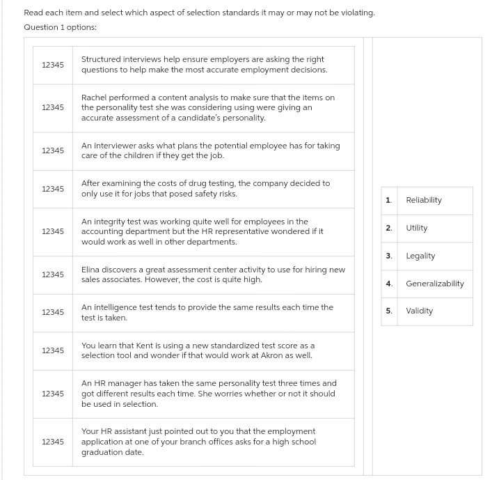 Read each item and select which aspect of selection standards it may