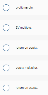 profit margin. EV multiple. return on equity. equity multipller. return on assets.