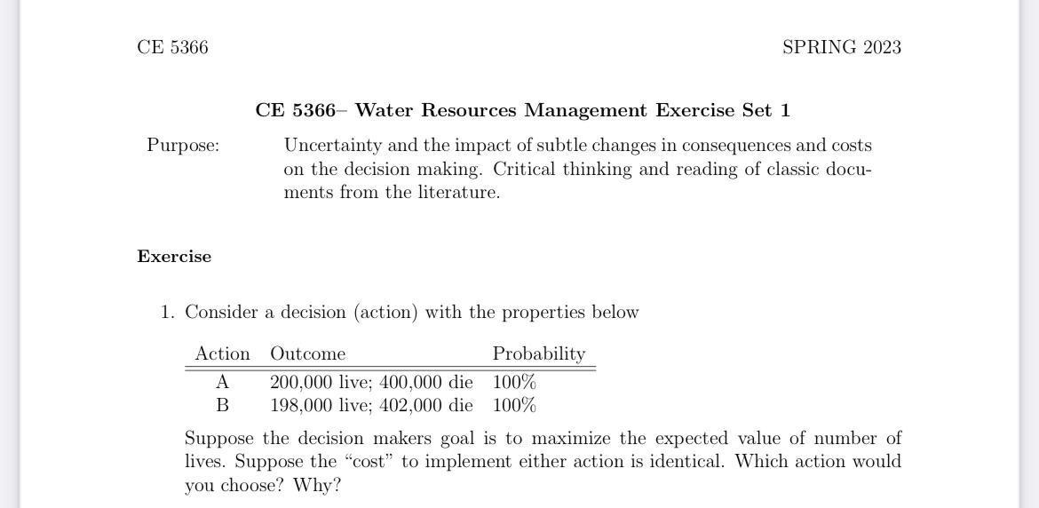 CE 5366 Purpose: Exercise SPRING 2023 CE 5366 Water Resources Management Exercise
