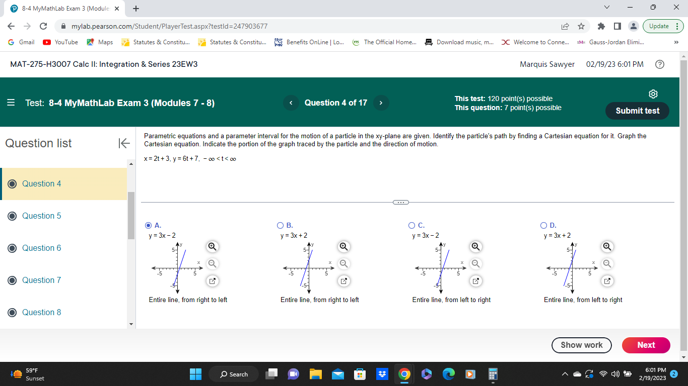 8-4 MyMathLab Exam 3 (Module: X + C mylab.pearson.com/Student/PlayerTest.aspx?testId=247903677 Update G Gmail
