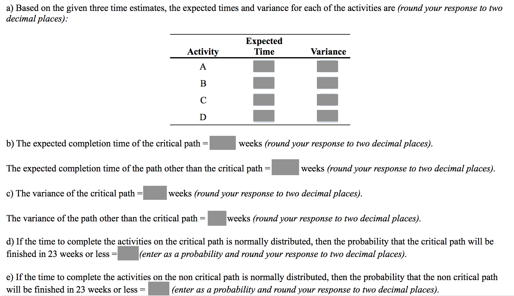 a) Based on the given three time estimates, the expected times and