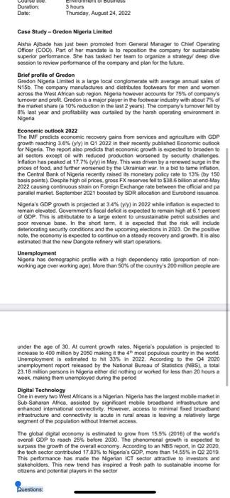 Duration: Date: 3 hours Thursday, August 24, 2022 Case Study - Gredon