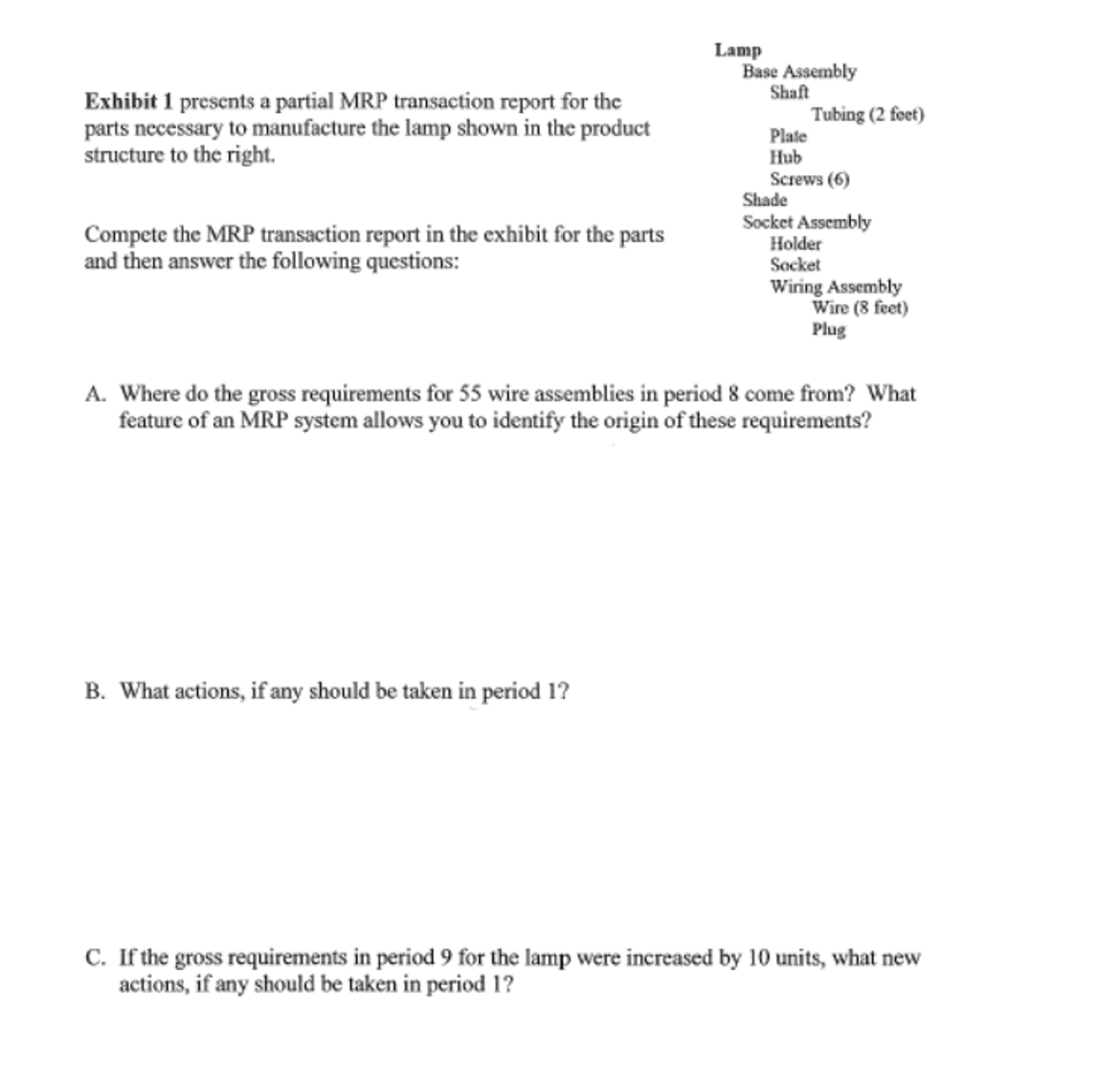 Lamp Exhibit 1 presents a partial MRP transaction report for the parts