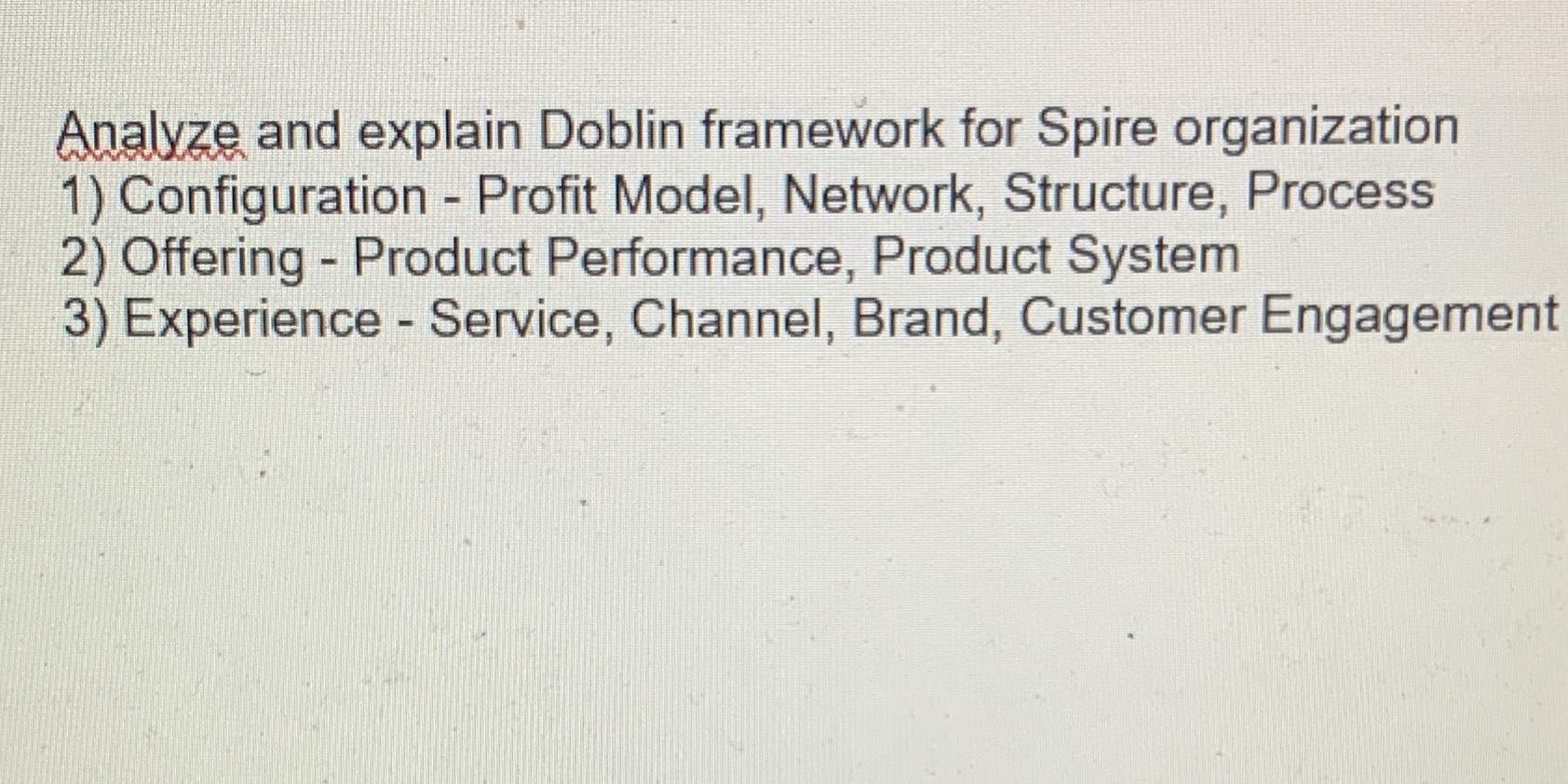 Analyze and explain Doblin framework for Spire organization 1) Configuration - Profit