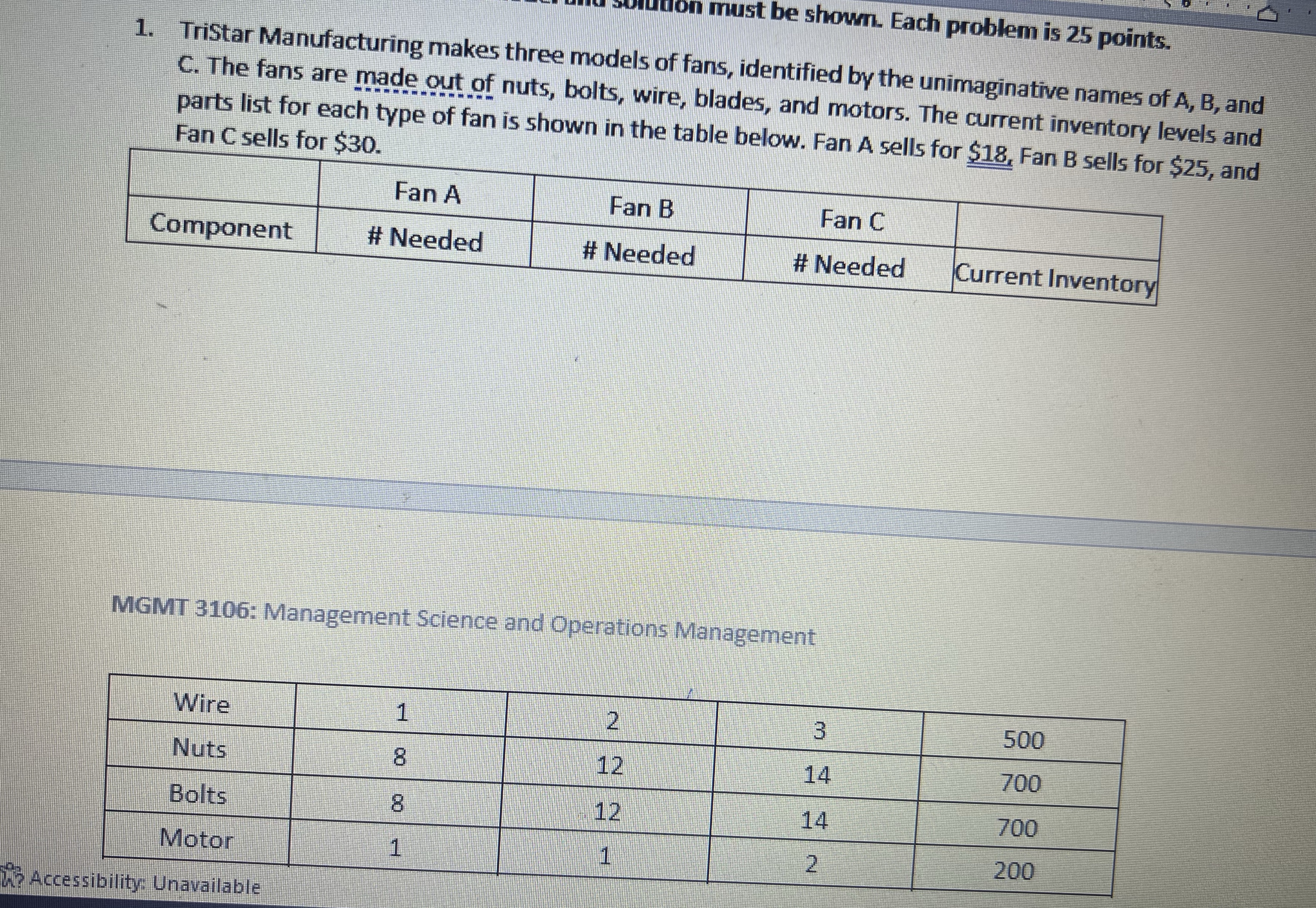 on must be shown. Each problem is 25 points. 1. TriStar Manufacturing