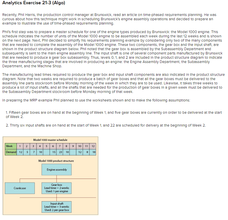 Analytics Exercise 21-3 (Algo) Recently, Phil Harris, the production control manager at