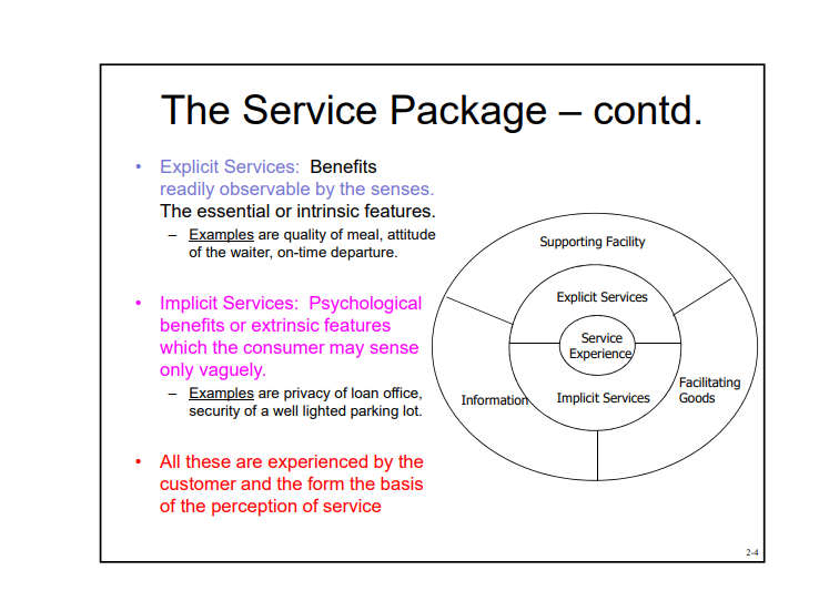 The Service Package contd. Explicit Services: Benefits readily observable by the senses.