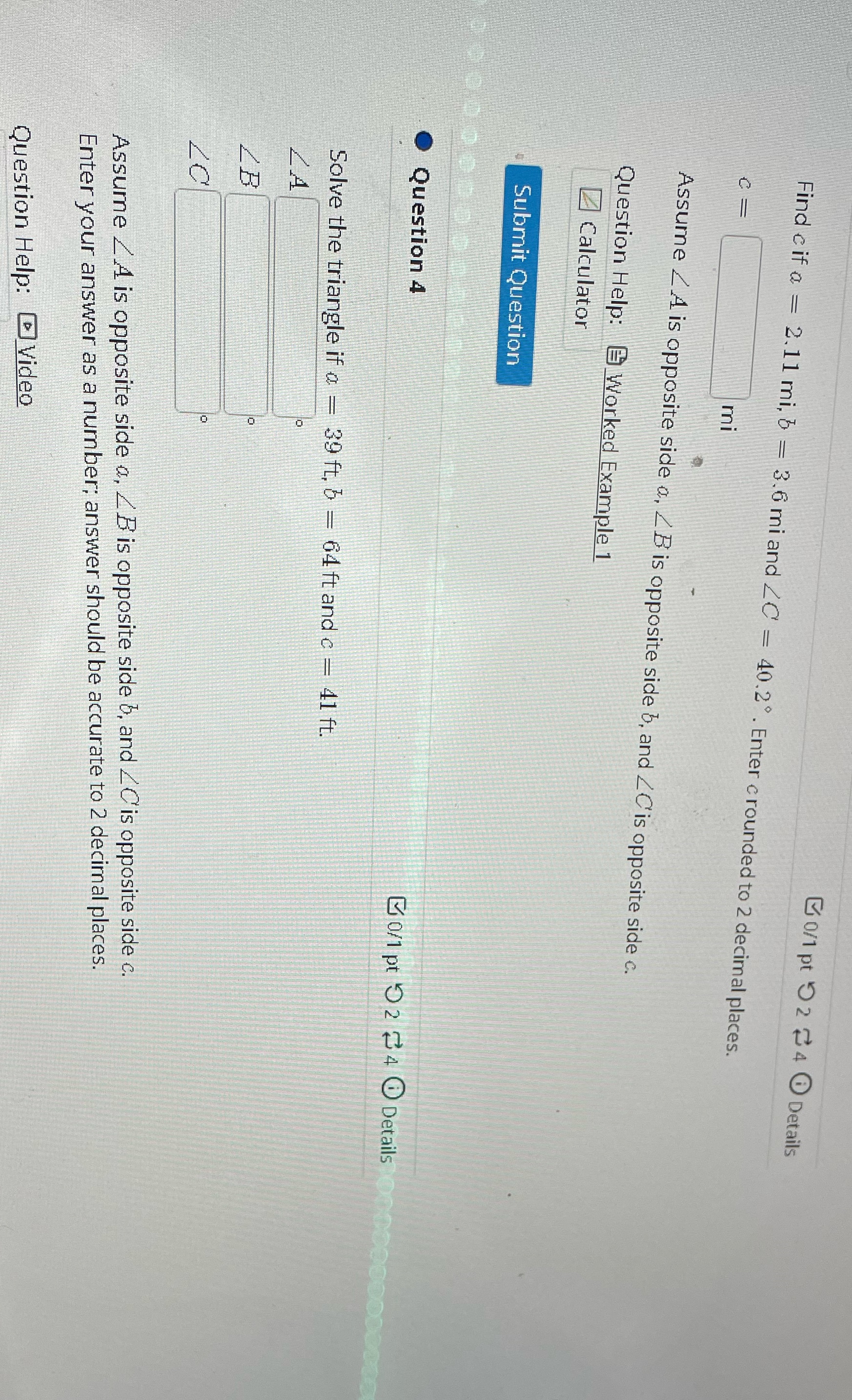 Find c if a = C = 0/1 pt 2 4 Details
