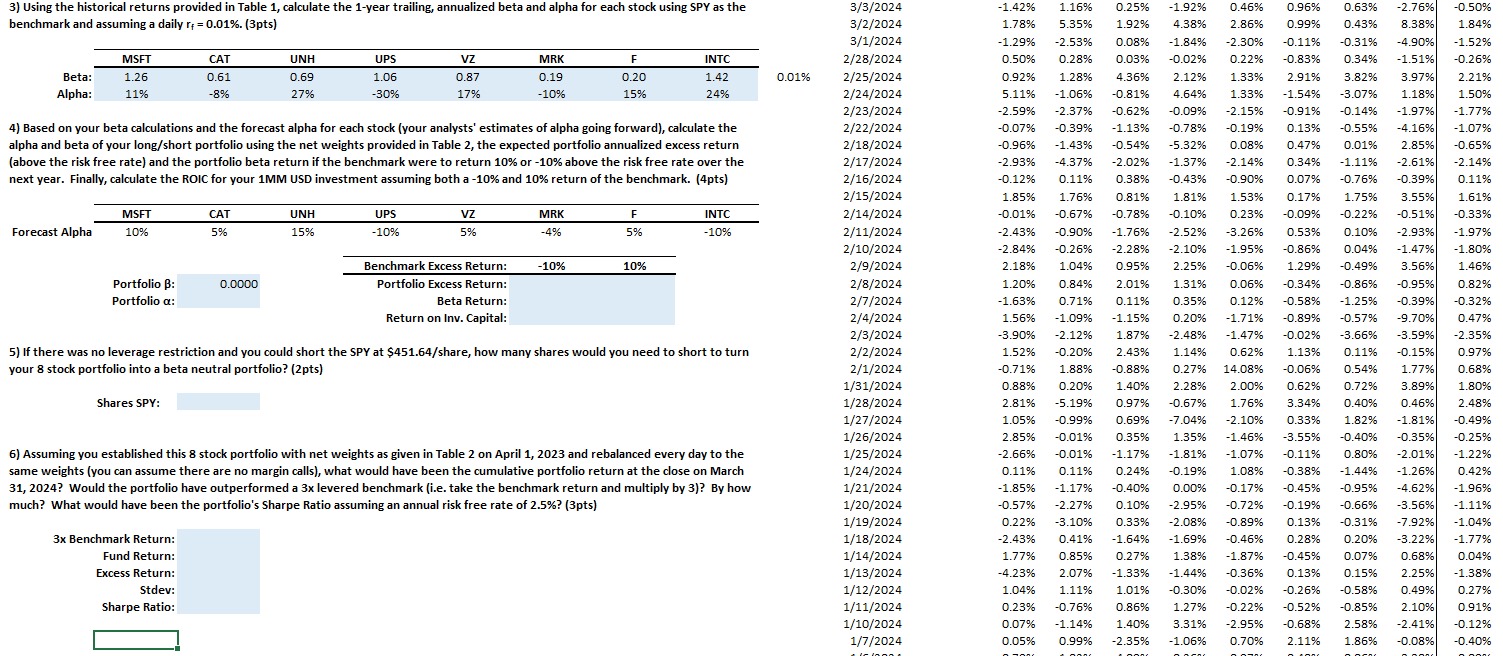 trailing, annualized beta and alpha for each stock using SPY as the