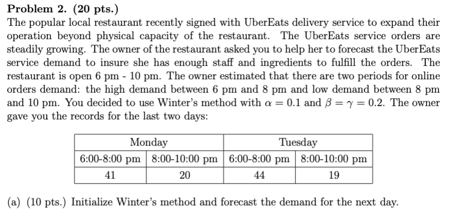 Problem 2. (20 pts.) The popular local restaurant recently signed with UberEats