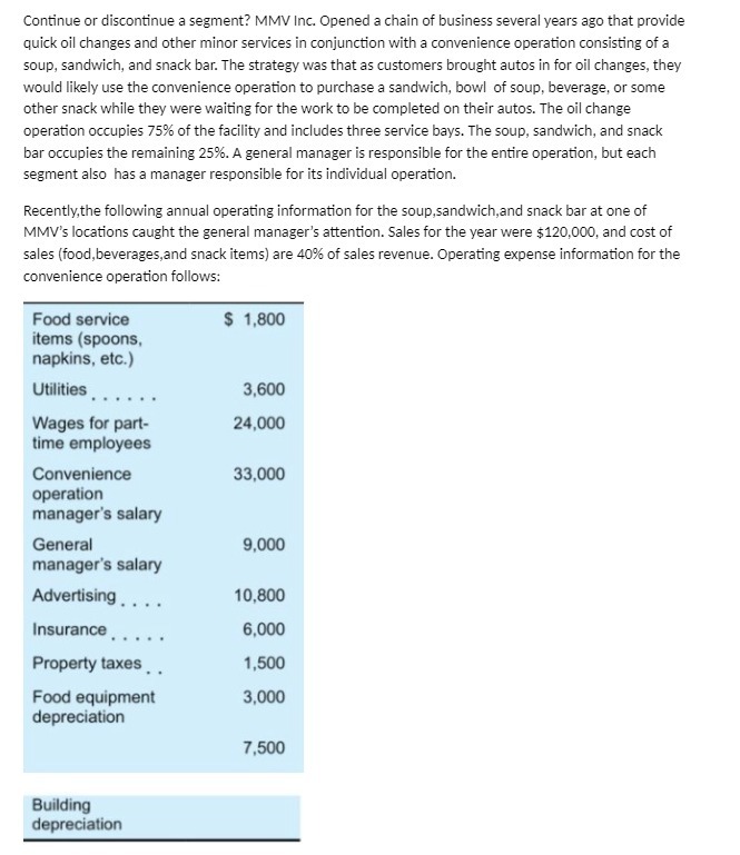 Continue or discontinue a segment? MMV Inc. Opened a chain of business