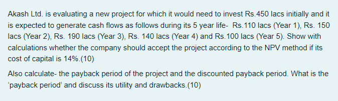 Akash Ltd. is evaluating a new project for which it would need