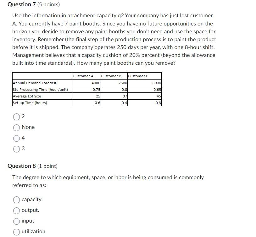 Question 7 (5 points) Use the information in attachment capacity q2.Your company