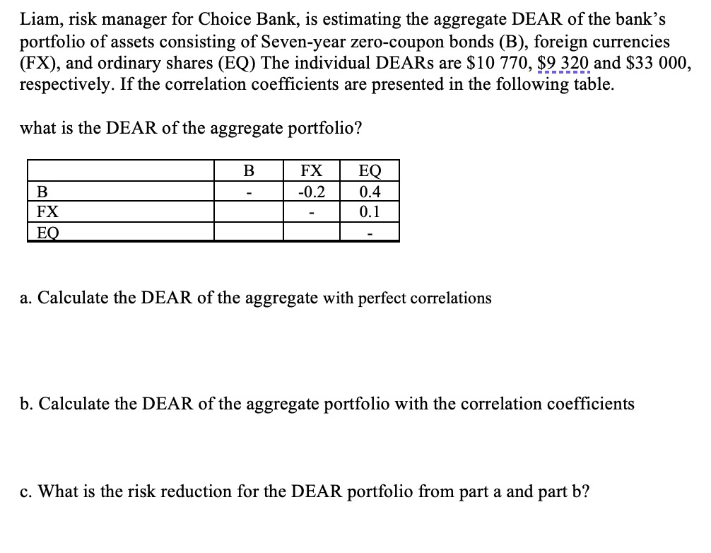 Liam, risk manager for Choice Bank, is estimating the aggregate DEAR of