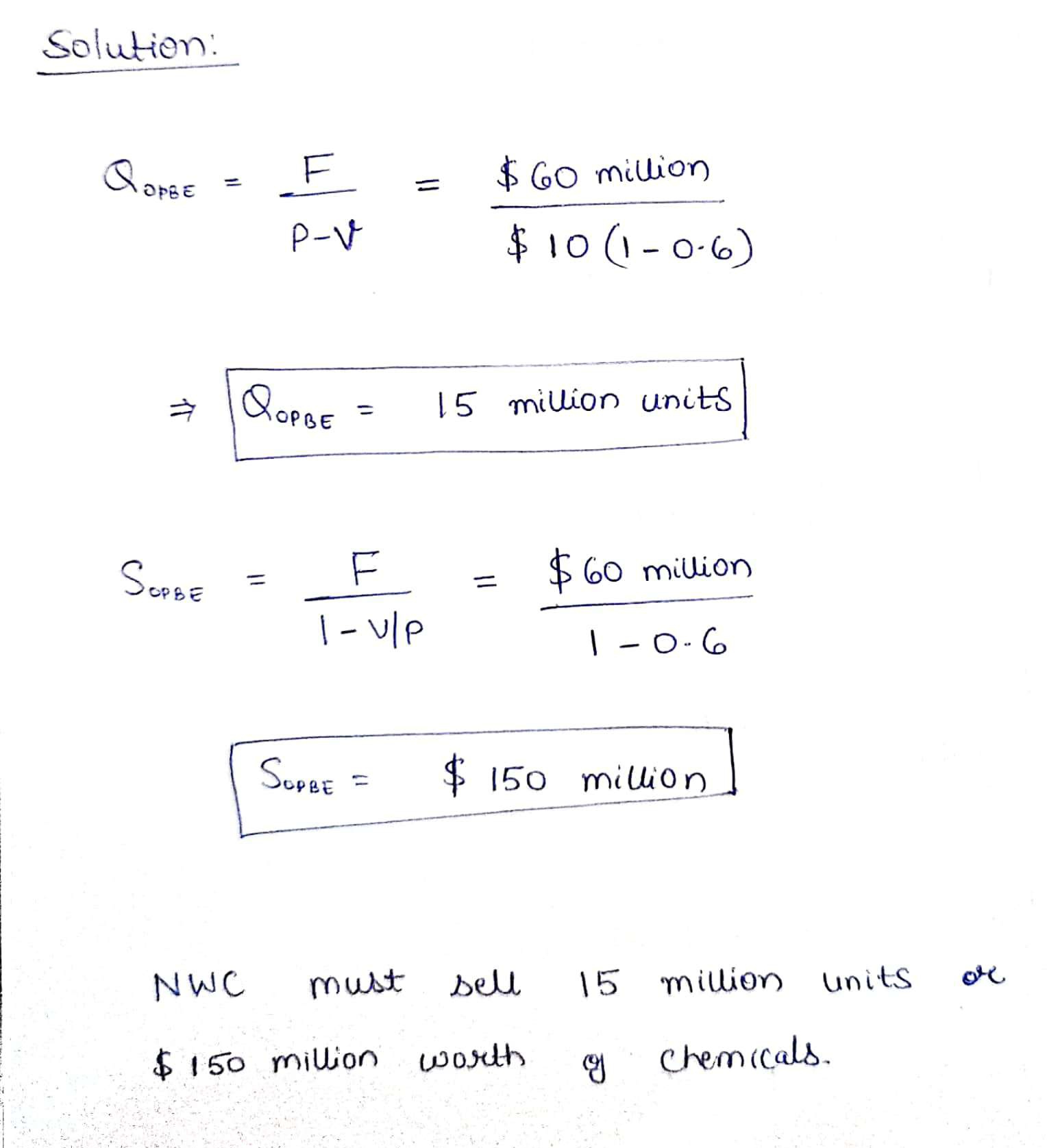 Solution: QOPBE = F P-V * QOPBE SOPBE = 11 $60 million