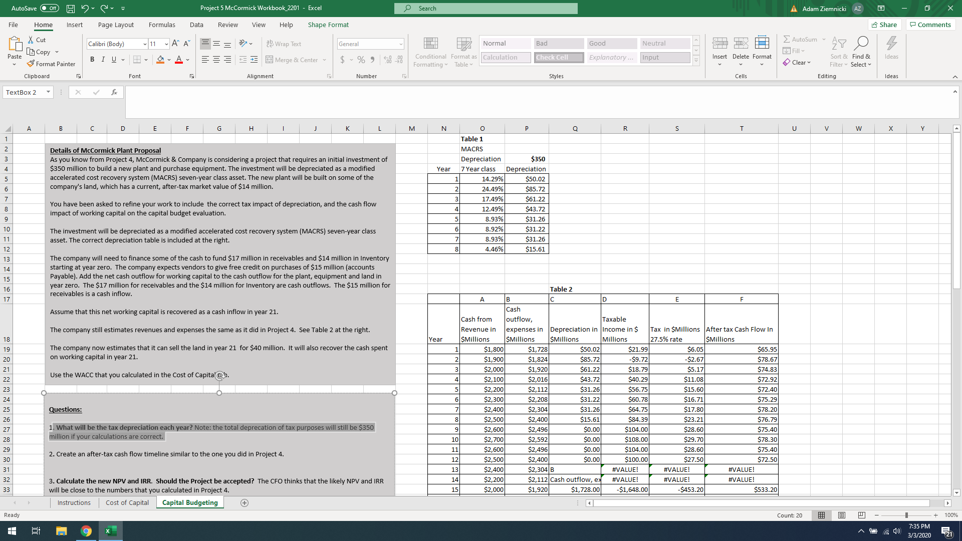 AutoSave Project 5 McCormick Workbook_2201 - Excel Search A Adam Ziemnicki AZ
