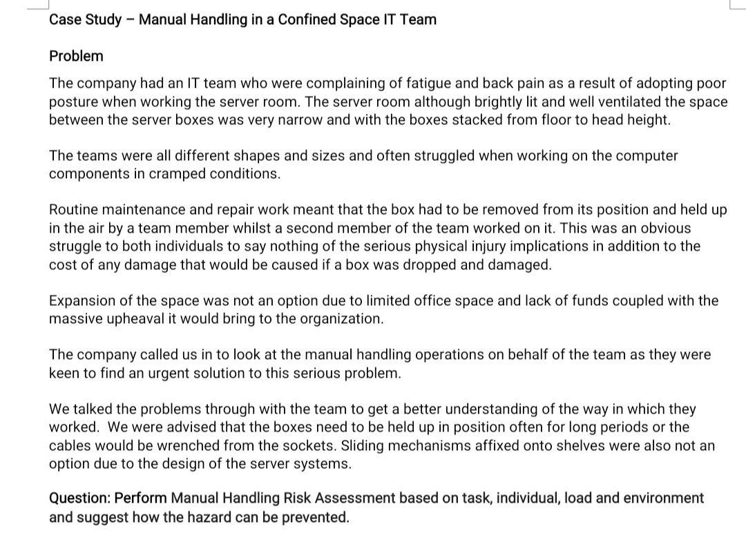 - Case Study Manual Handling in a Confined Space IT Team Problem