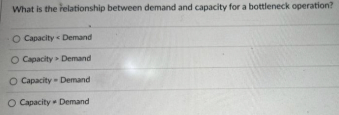 What is the relationship between demand and capacity for a bottleneck operation?