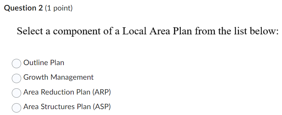 Question 2 (1 point) Select a component of a Local Area Plan