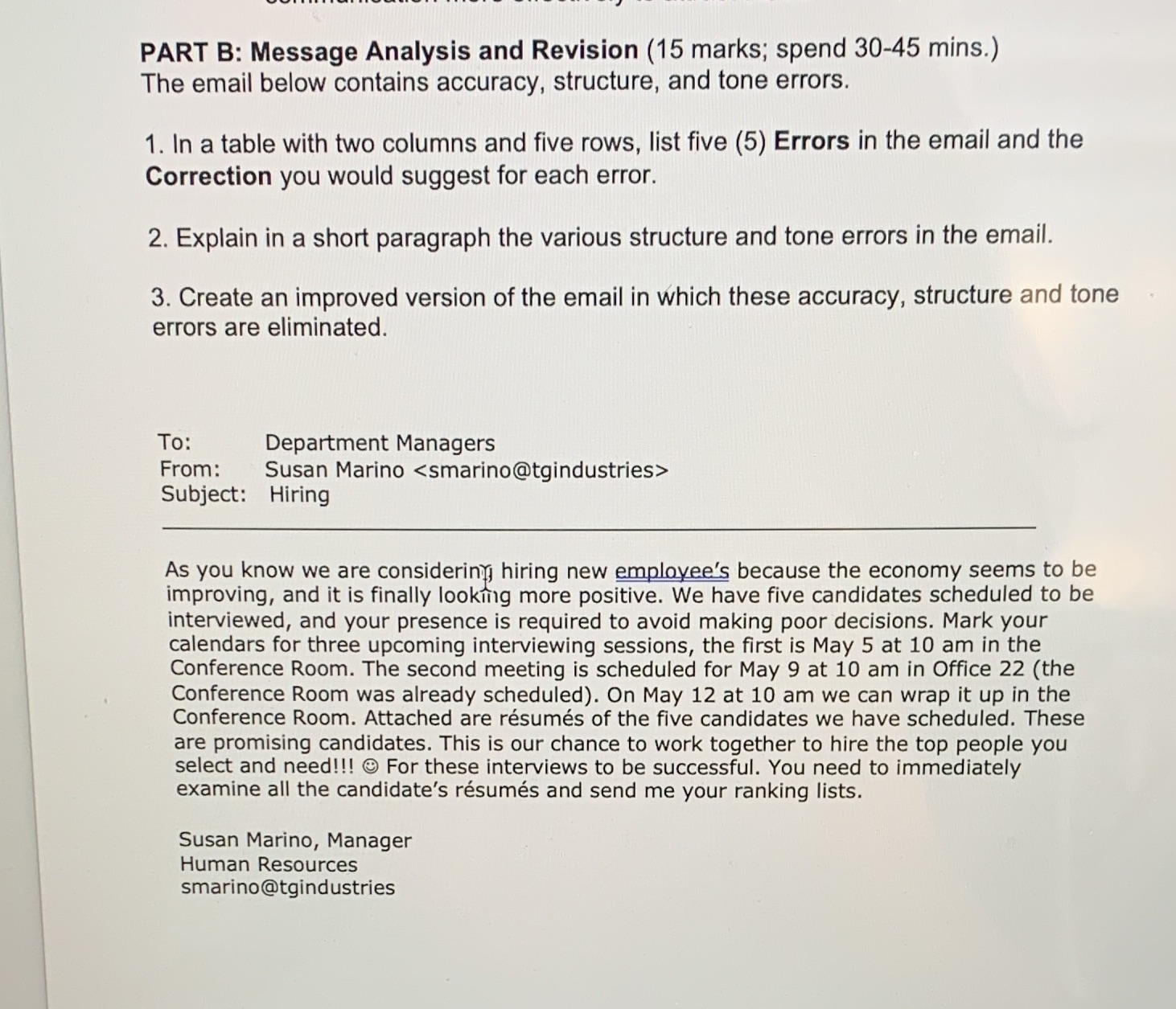 PART B: Message Analysis and Revision (15 marks; spend 30-45 mins.) The