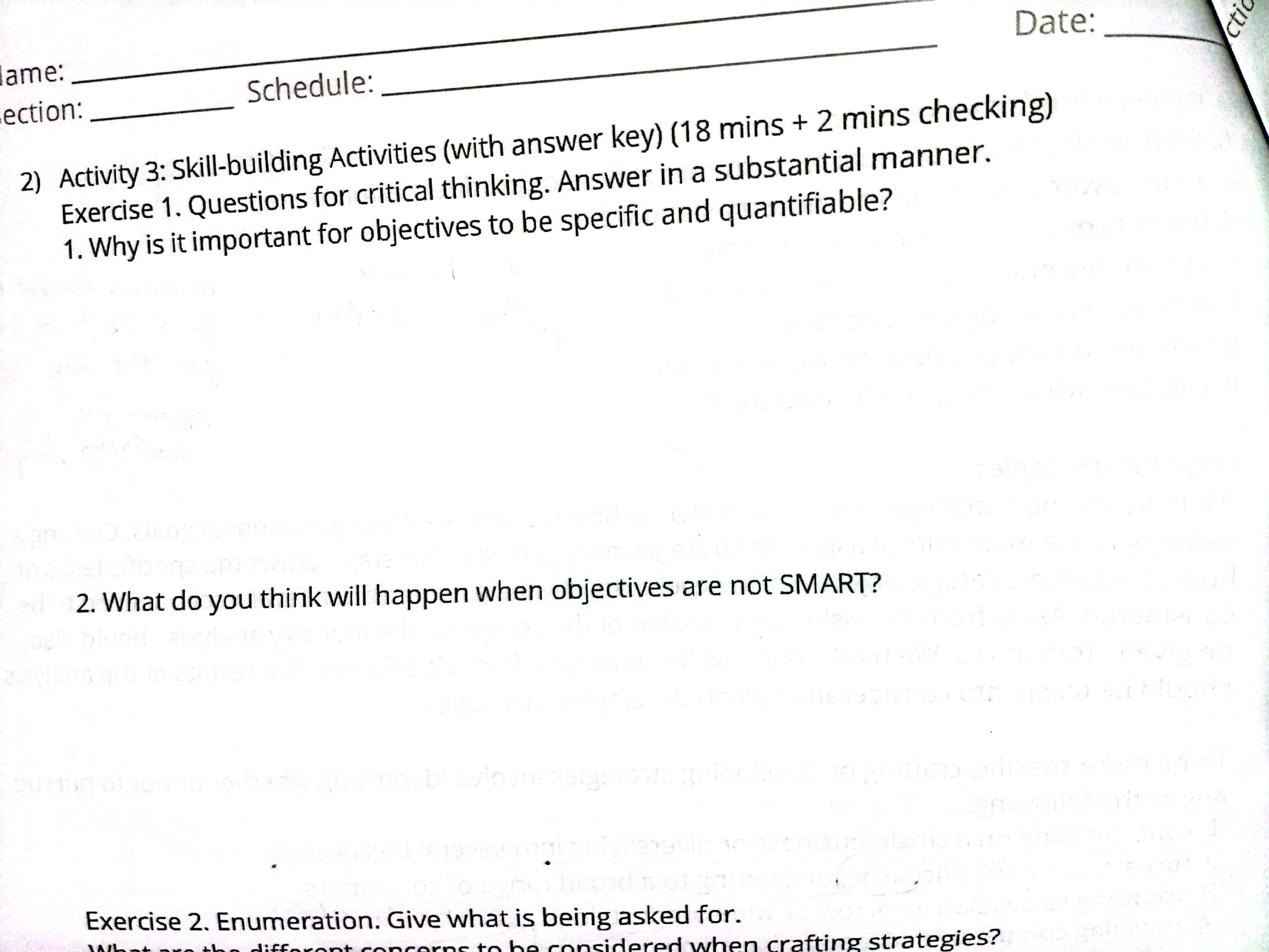 ame: section: Schedule: Date: 2) Activity 3: Skill-building Activities (with answer key)