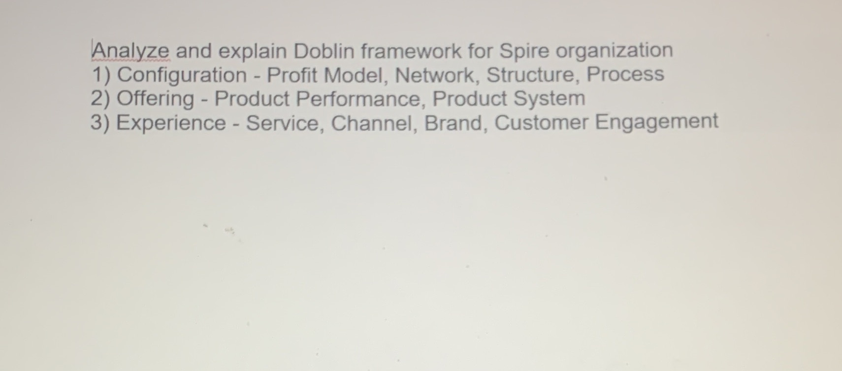 Analyze and explain Doblin framework for Spire organization 1) Configuration - Profit