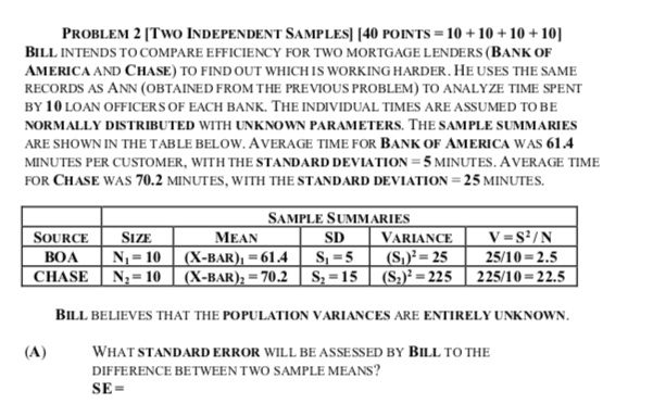 PROBLEM 2 [TWO INDEPENDENT SAMPLES] [40 POINTS=10+10+10+10] BILL INTENDS TO COMPARE EFFICIENCY
