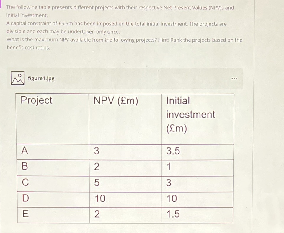 The following table presents different projects with their respective Net Present Values