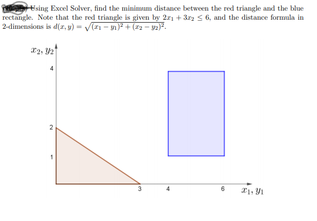The Using Excel Solver, find the minimum distance between the red triangle
