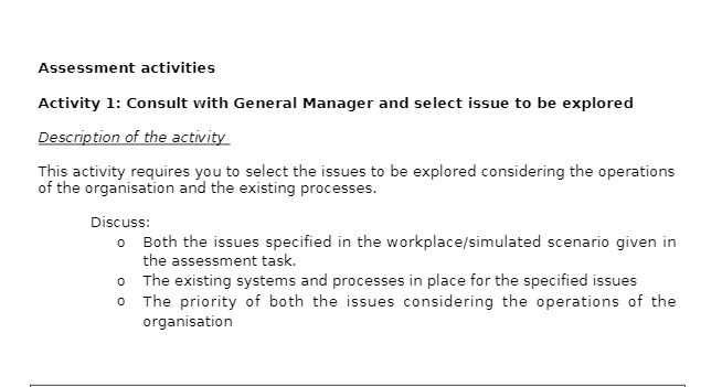 Assessment activities Activity 1: Consult with General Manager and select issue to