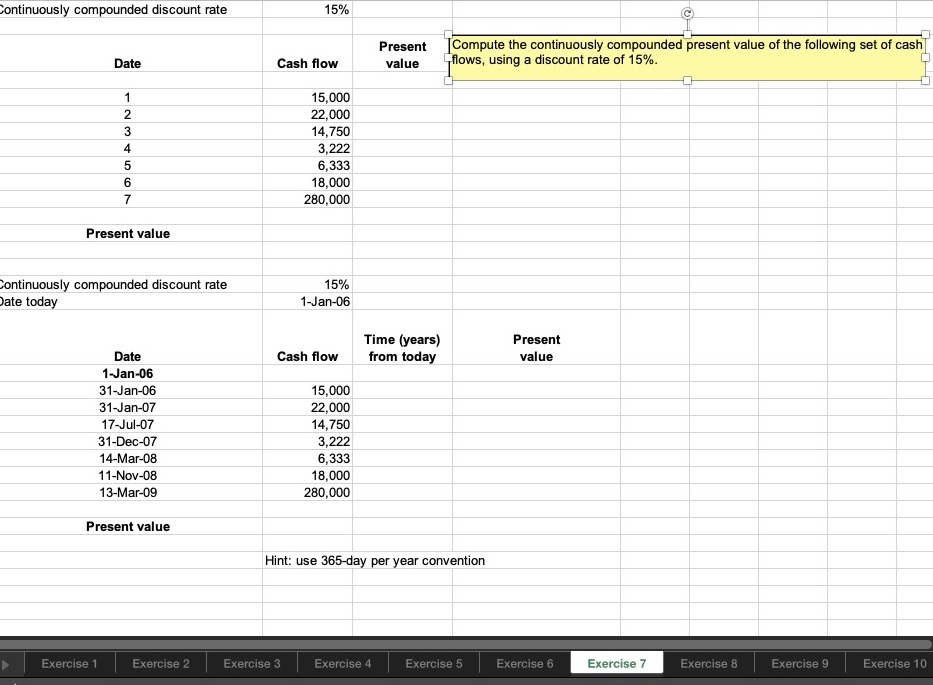 Continuously compounded discount rate Date 1 234569 7 Present value Continuously compounded