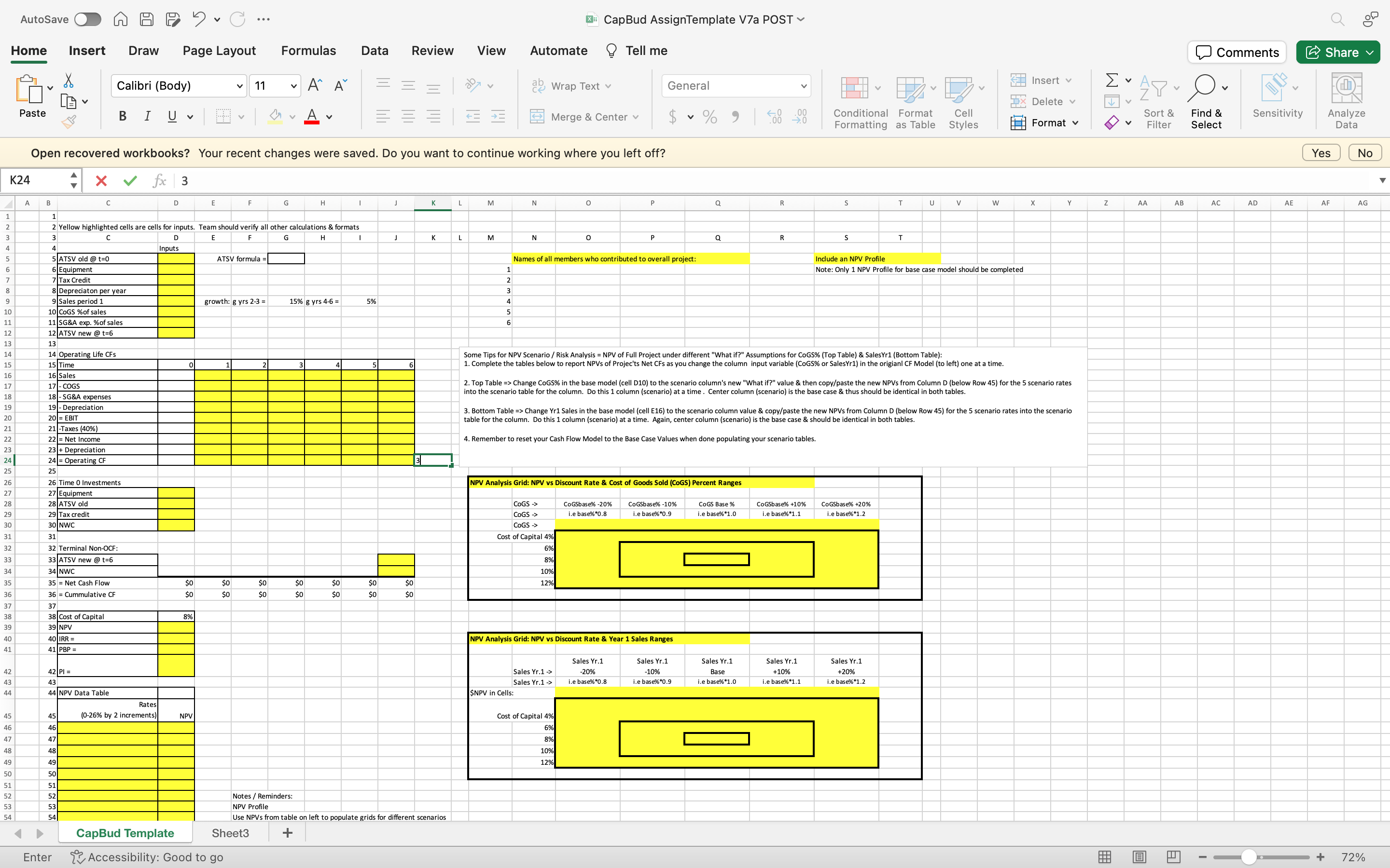 AutoSave Home Insert Draw Page Layout Formulas Paste K24 CapBud AssignTemplate V7a