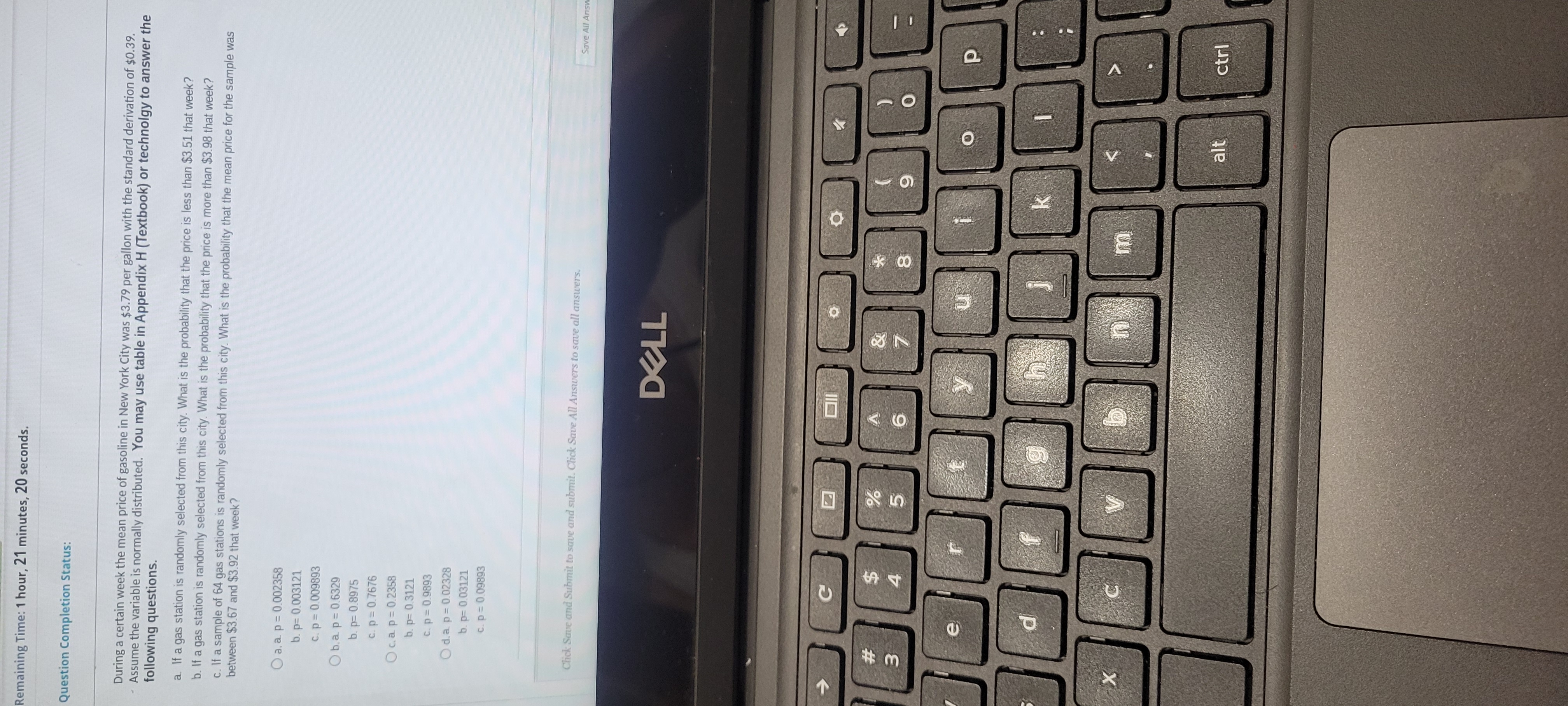 Remaining Time: 1 hour, 21 minutes, 20 seconds. Question Completion Status: During