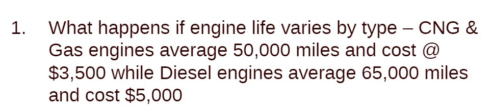 1. What happens if engine life varies by type CNG & Gas