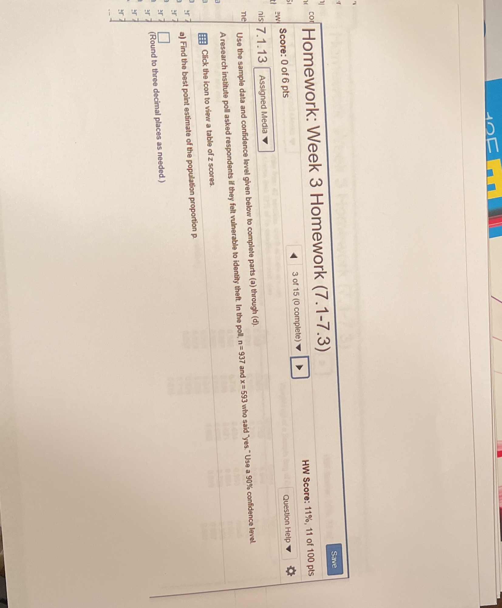 co 51 ew Homework: Week 3 Homework (7.1-7.3) Score: 0 of 6