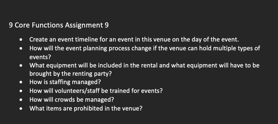 9 Core Functions Assignment 9 Create an event timeline for an event