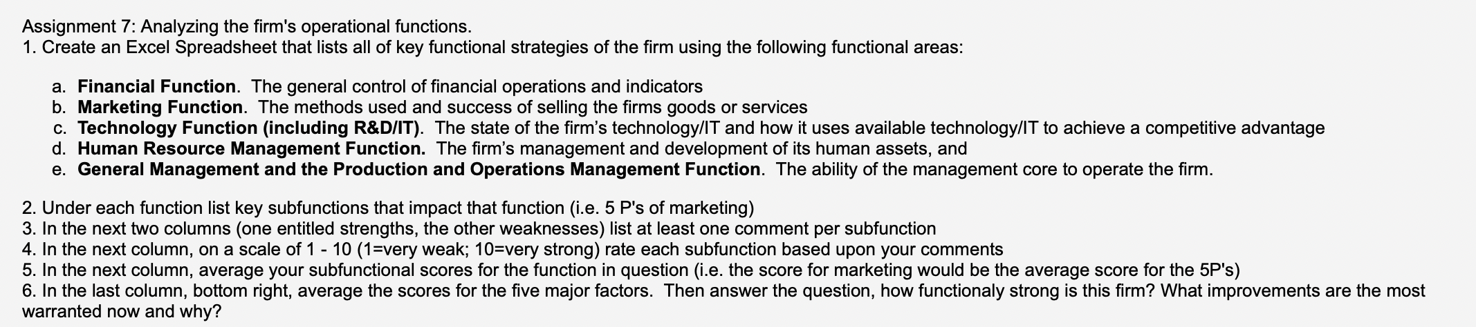 Assignment 7: Analyzing the firm's operational functions. 1. Create an Excel Spreadsheet