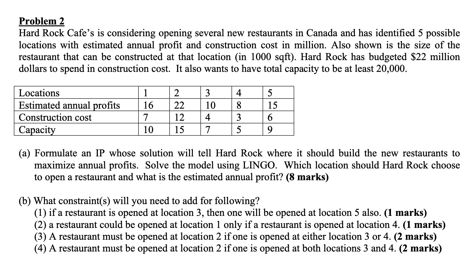 Problem 2 Hard Rock Cafe's is considering opening several new restaurants in
