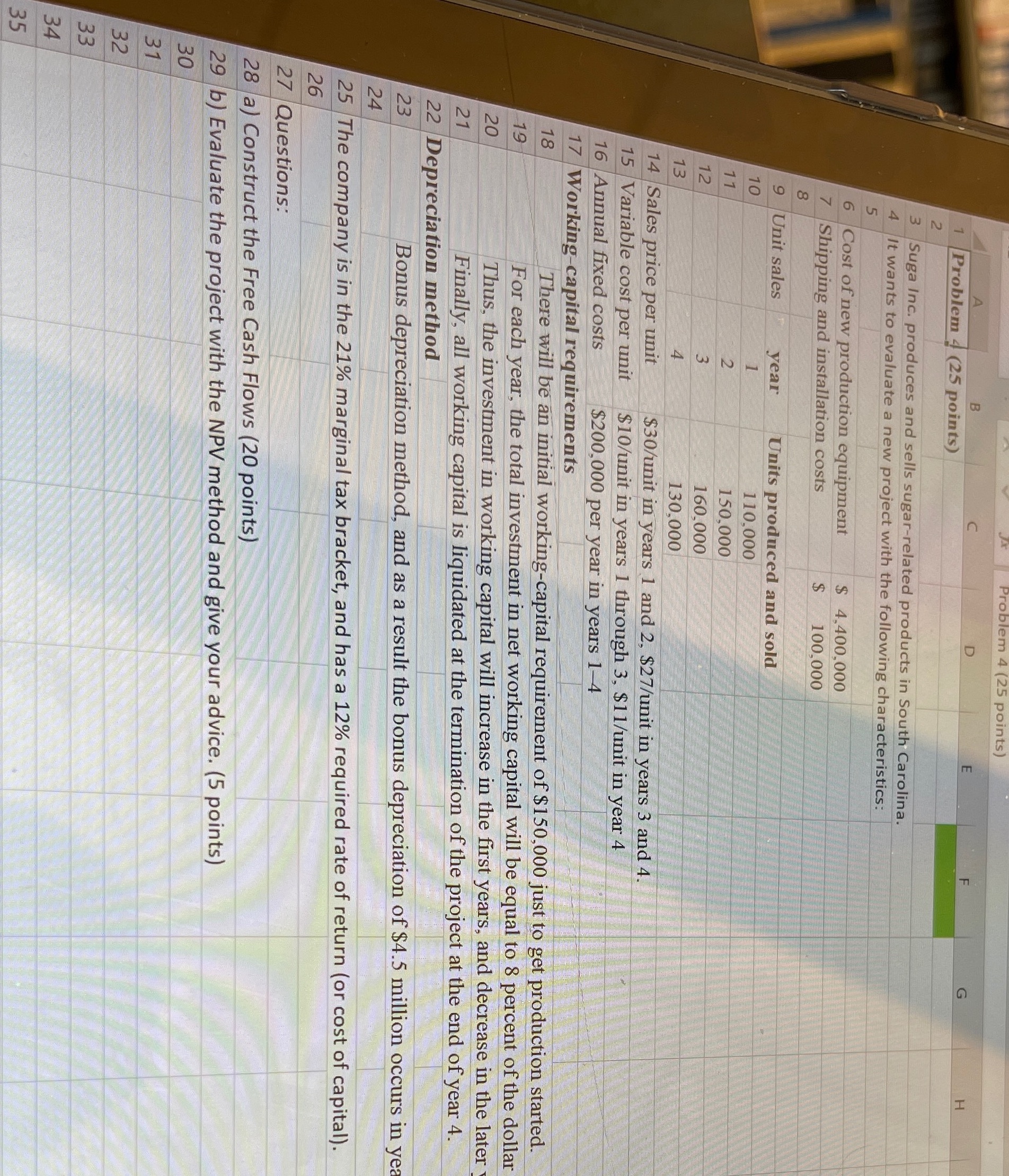 Problem 4 (25 points) B C D E F 1 Problem (25