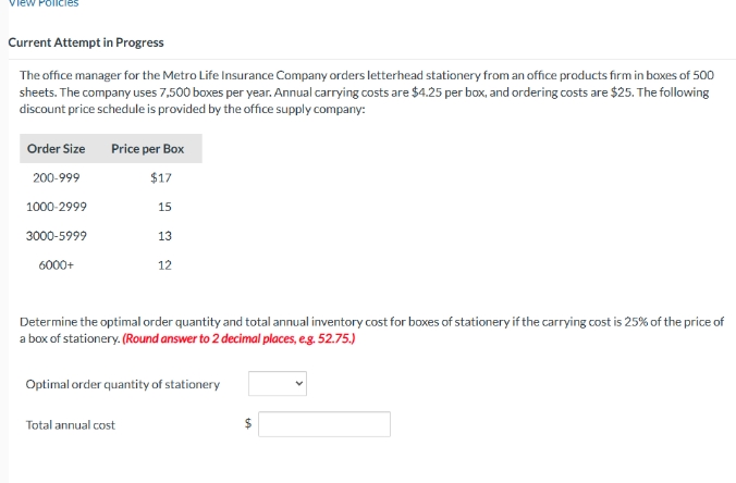 View Policies Current Attempt in Progress The office manager for the Metro